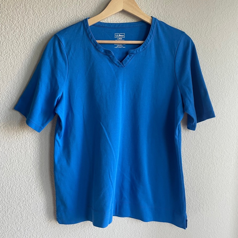 LL Bean Womens Top Large 100% Supima Cotton Notch Neck Elbow Sleeve Blue Basics